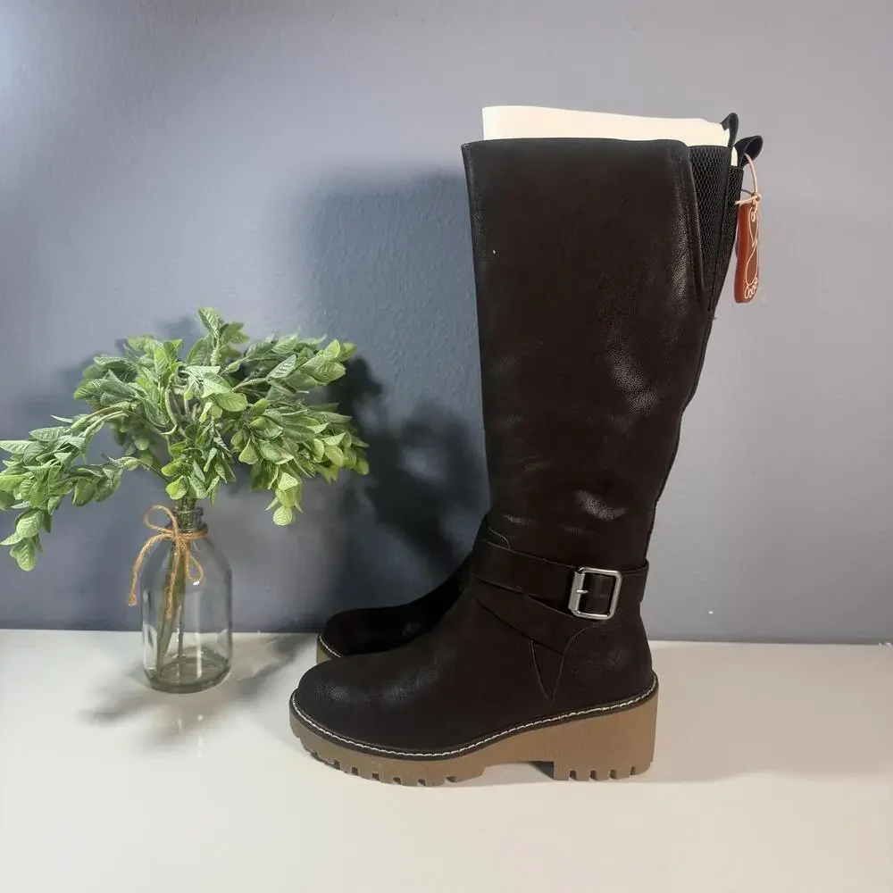 MIA Women's Black Knee-High Buckle Boots‎ with Lug Sole Size 6